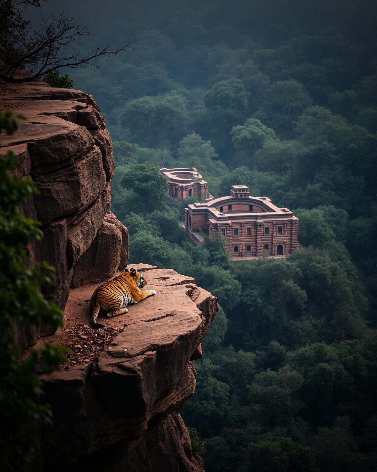 Tiger resting on a sandstone cliff above the forested Bandhavgarh fort