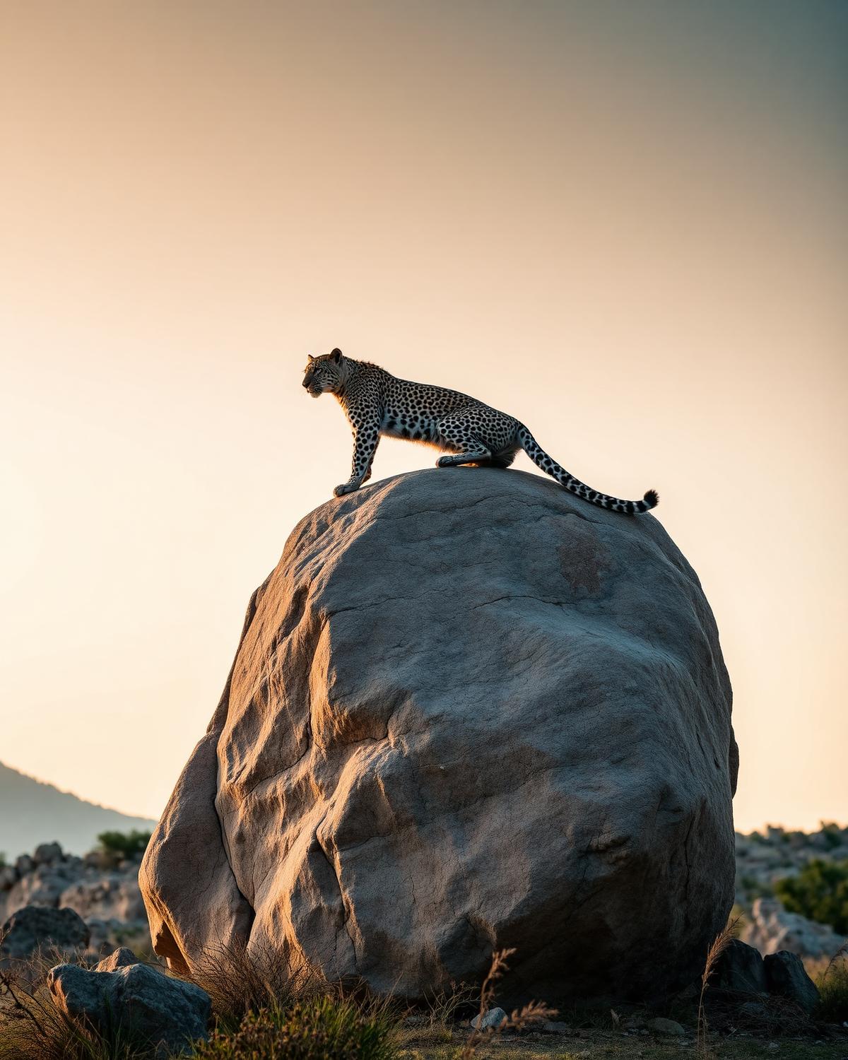 Leopard standing on a granite boulder at dusk in Jawai, Rajasthan