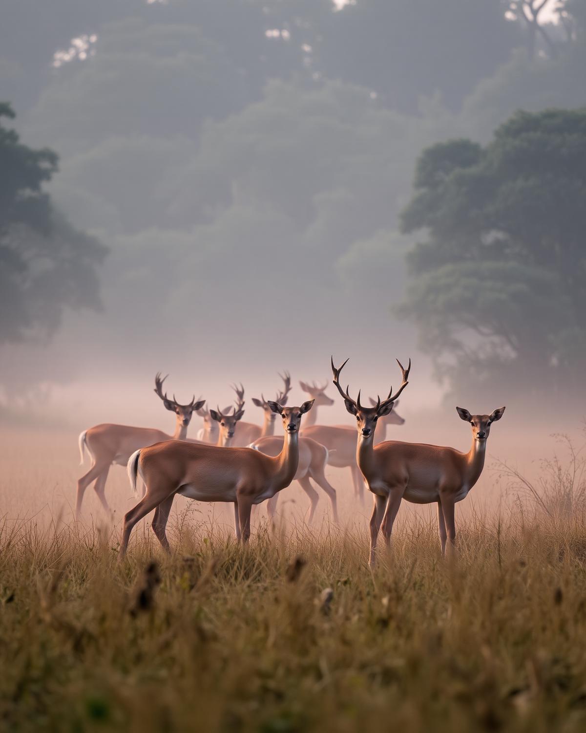 Barasingha swamp deer in a misty meadow at dawn in Kanha National Park