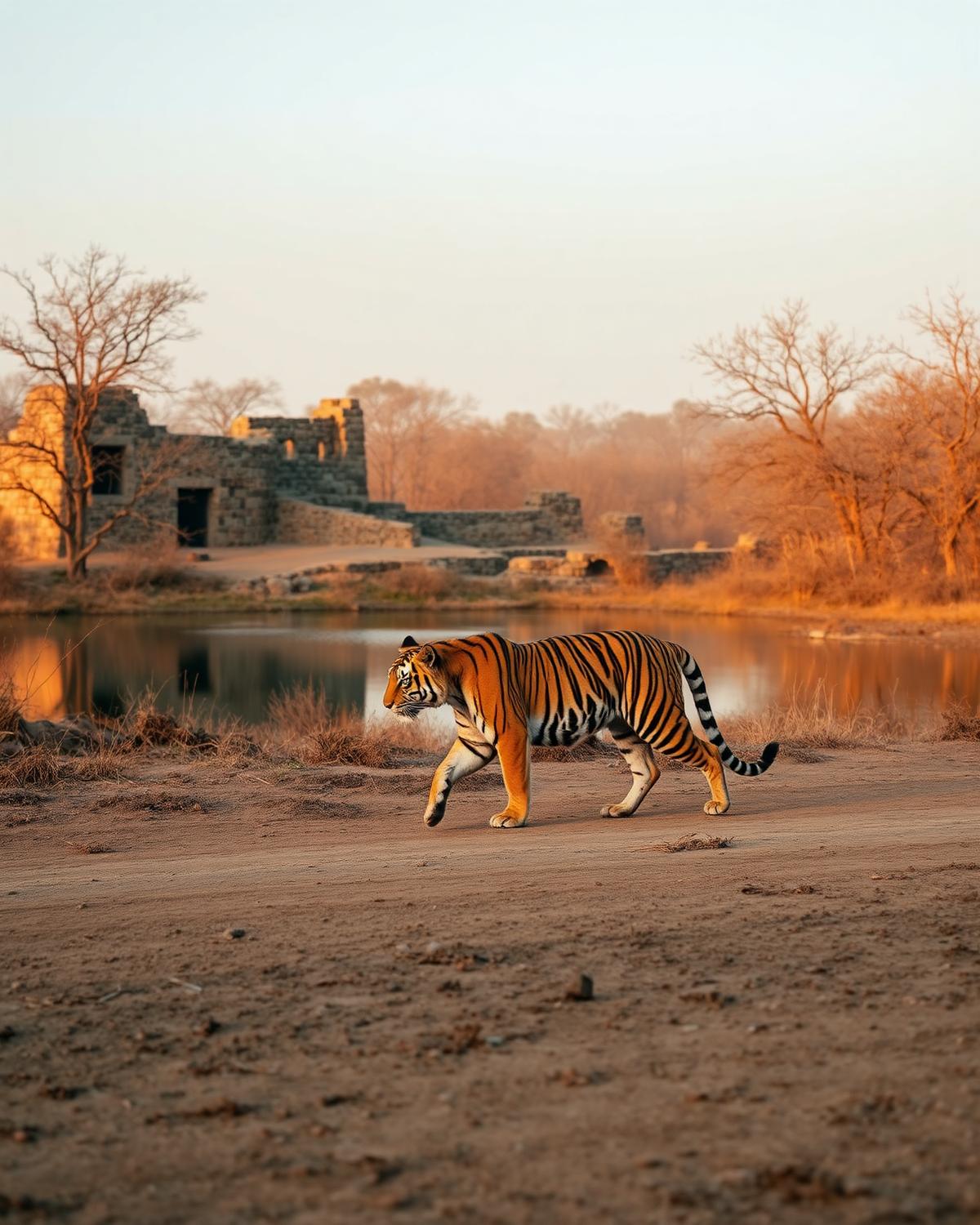 Tiger walking beside a lake and ancient fort ruins in Ranthambore, Rajasthan