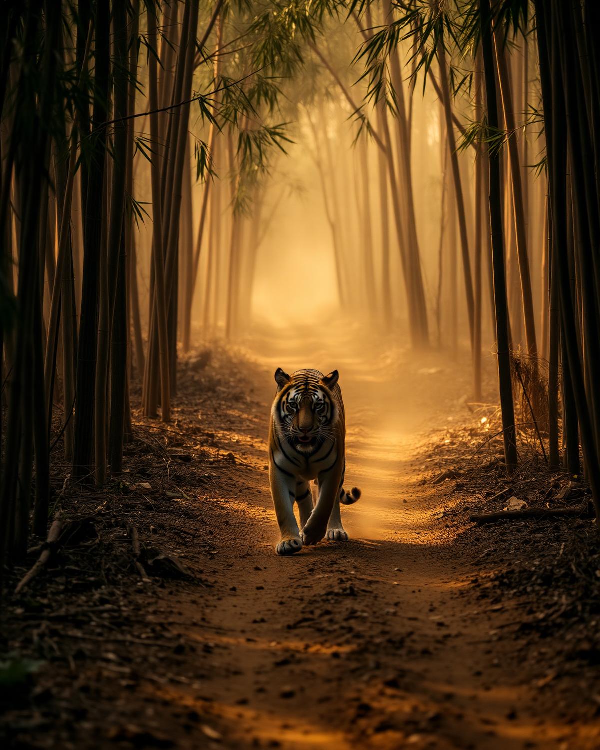 Tiger walking down a misty bamboo forest track in Tadoba, Maharashtra